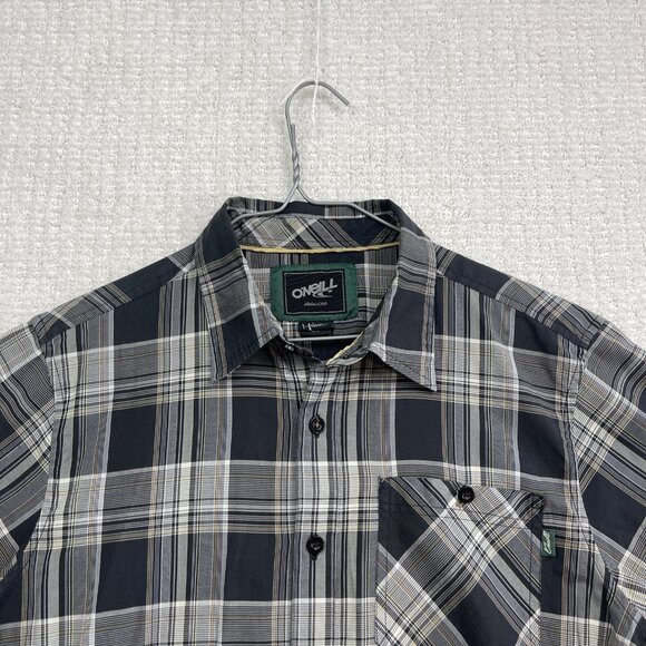 Y2K Oneill Shirt Men M Black Plaid Short Sleeve Button Up Surf Skate Casual - Picture 2 of 15